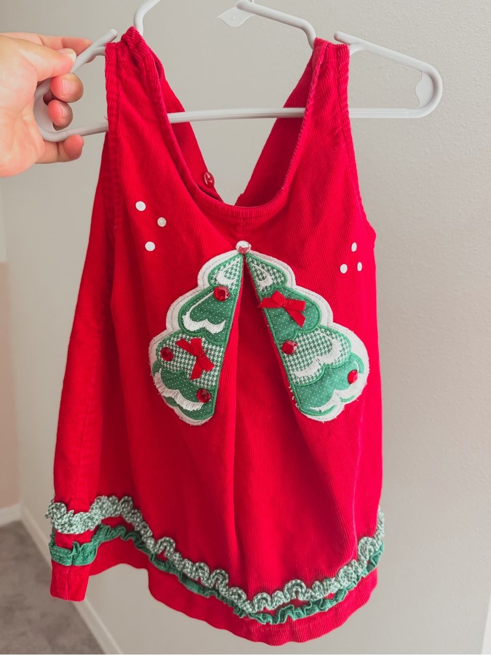 K&L Vintage Red Corduroy Christmas Tree Applique Jumper Dress 2T